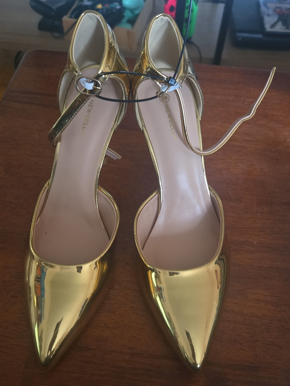 Nevebell Metallic Gold Pointed Ankle-Strap Heels